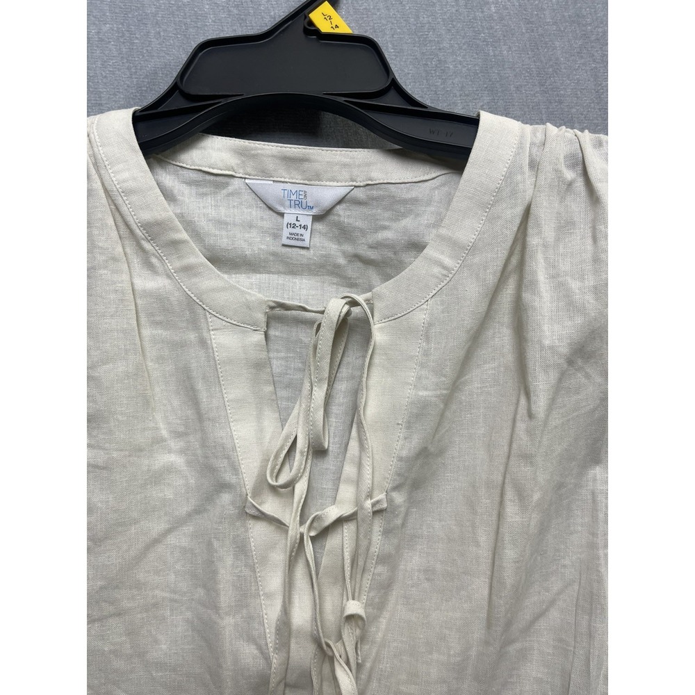 Time and True Ivory cream blouse size L adjustable Rushed drawstring shoulder